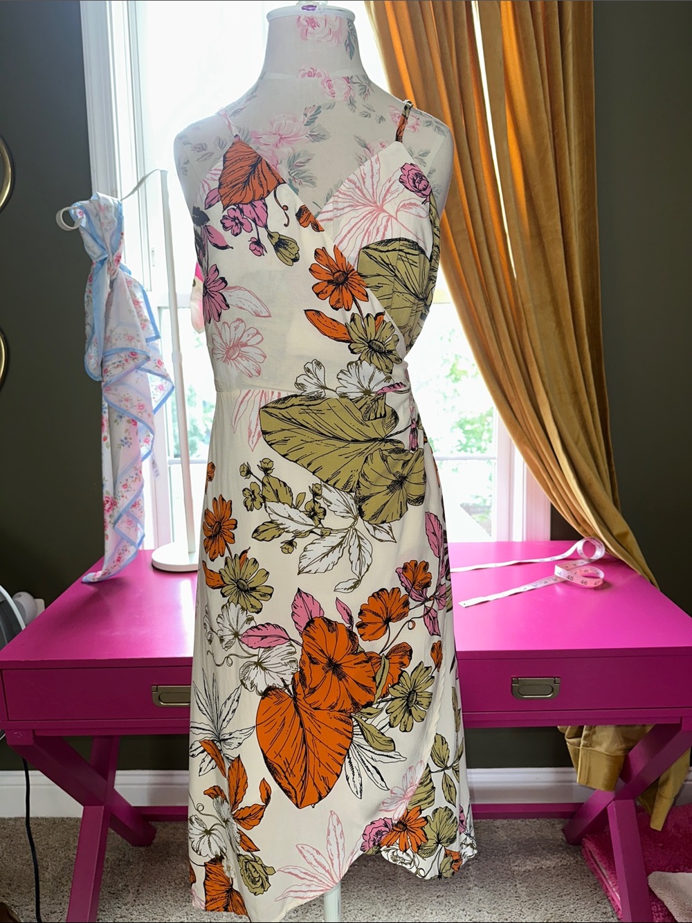 Cupshe White Midi Wrap Dress with Orange, Green & Pink Floral Print
